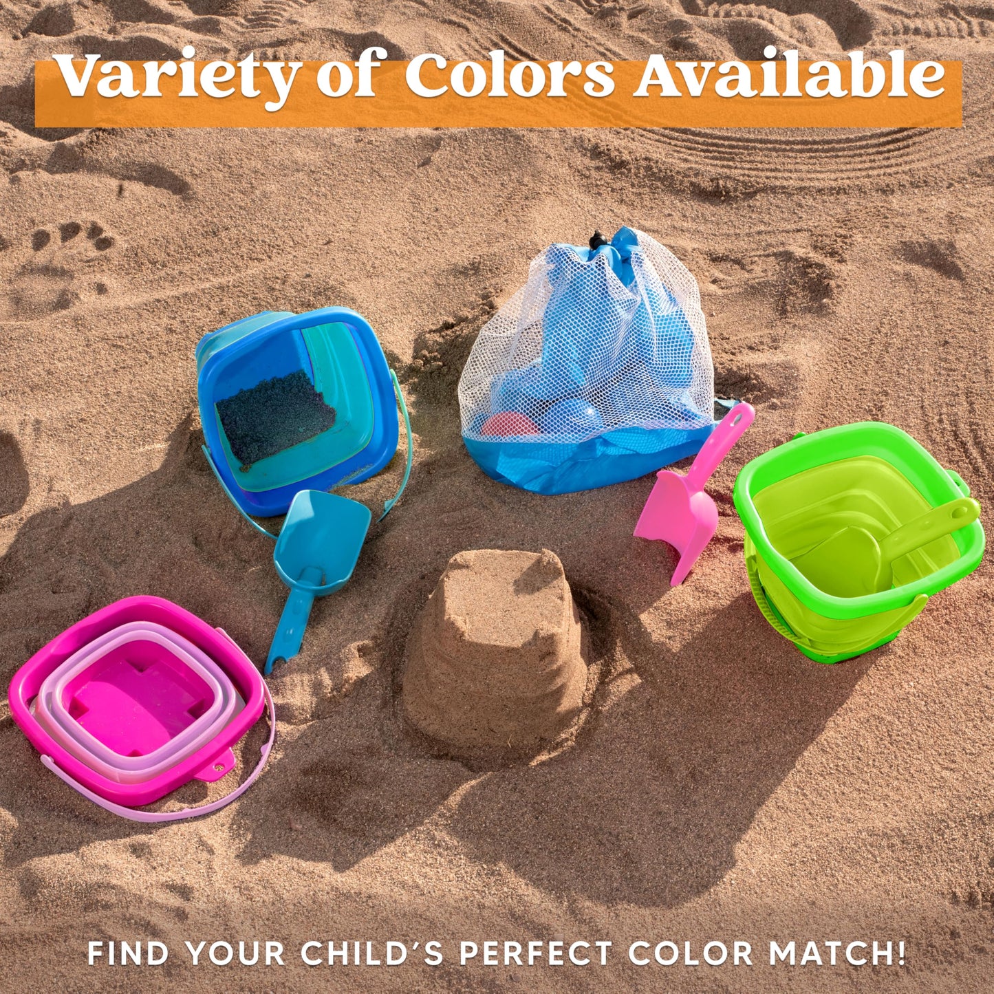Sloosh 3 Pcs Foldable Buckets With 3 Shovels, Square Sand Water Bucket Sandbox Party In Summer Collapsible Silicone Pail Bucket
