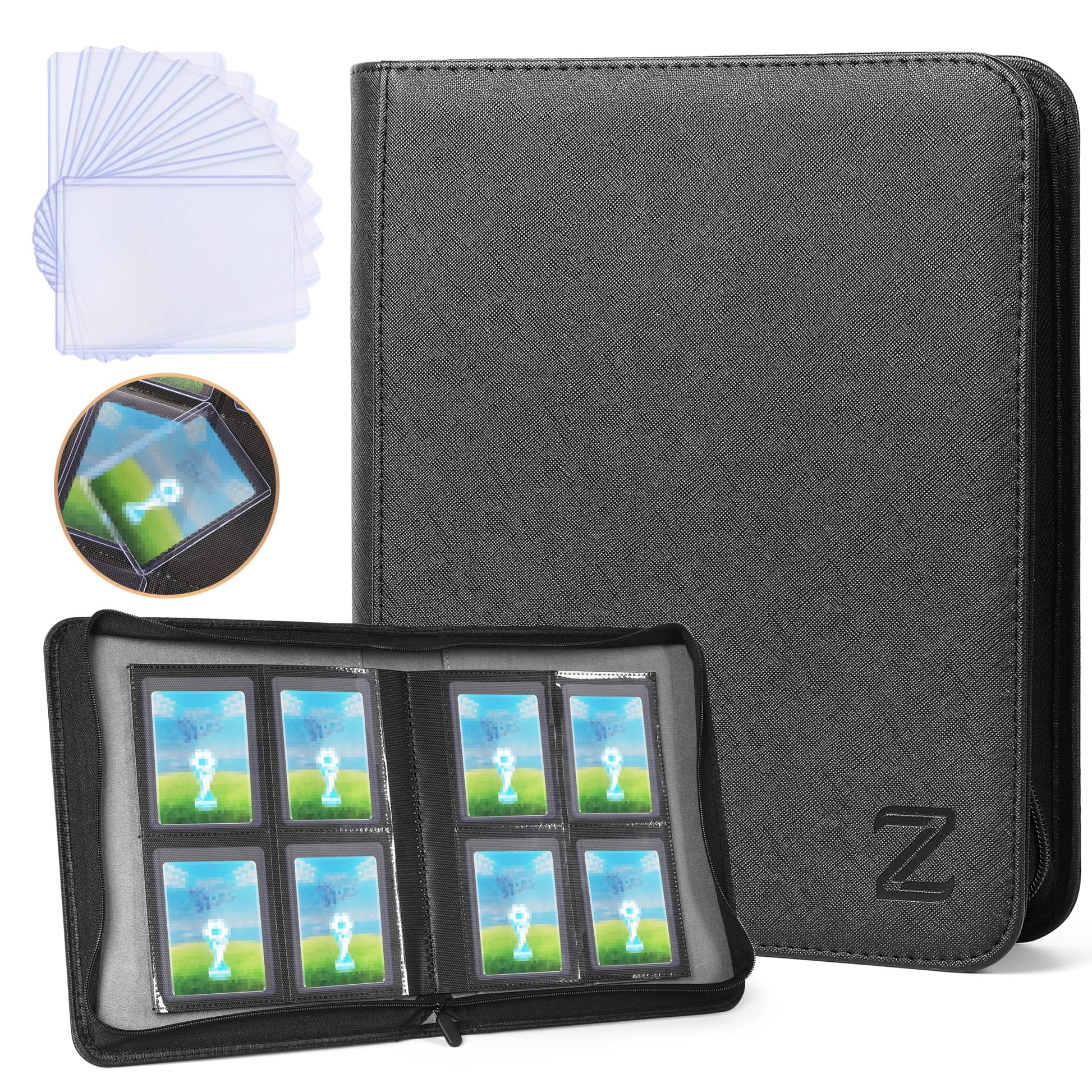 ZAIONE Toploader Binder for Trading Cards: 4 Pockets enhanced Top Loader Binders - Holds 128 Toploaders 10 Toploaders Included for 2025 Sports Card Folders Storage(Black Classic Texture)