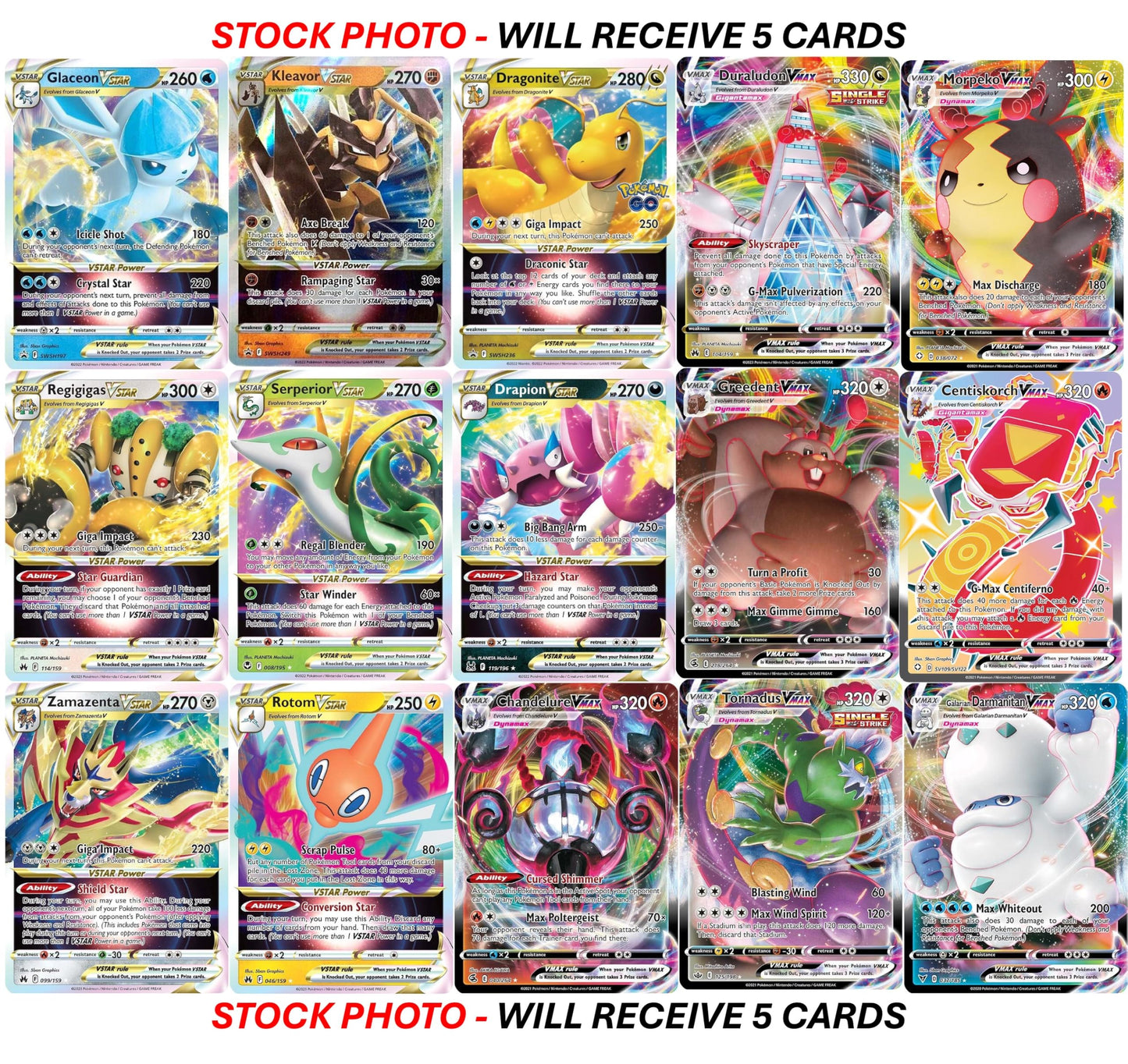 Pokémon VMAX/VSTAR Card Lot Bundle - 5 Full Art Etched Cards, Multicolor, Cardstock, No Duplicates, 5.28" x 7.32" x