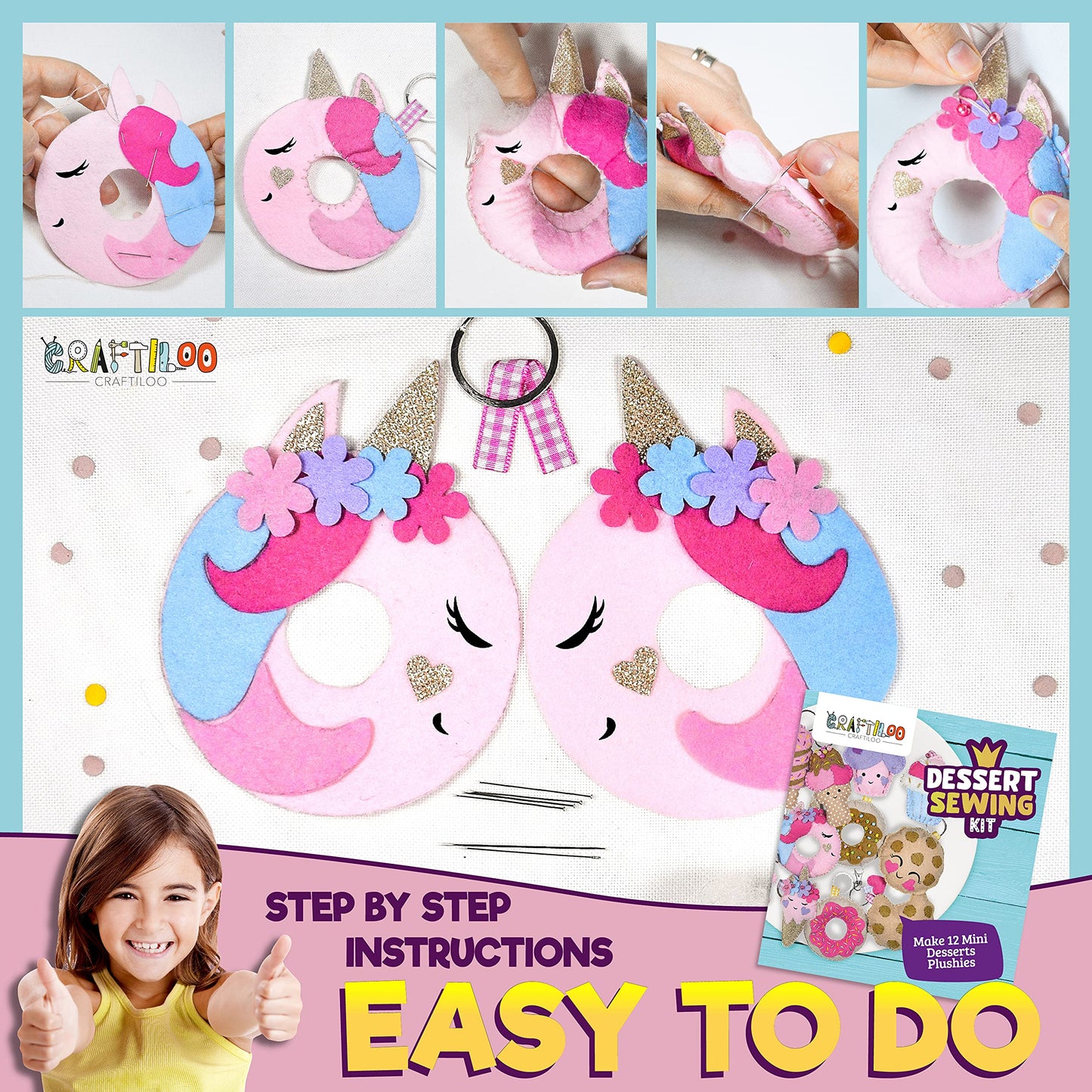 12 Pre-Cut Mini Treats Dessert Fun Kids Sewing Kit for Kids Ages 8-12 Children Beginners Sewing kit kid crafts Make Your Own Fel