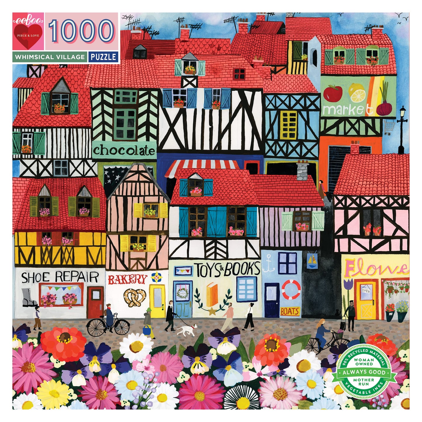 eeBoo: Piece and Love Whimsical Village 1000-piece Square mature-themed Jigsaw Puzzle  Jigsaw Puzzle for mature-themeds and Families  Includes Glossy  Sturdy Pieces and Minimal Puzzle Dust