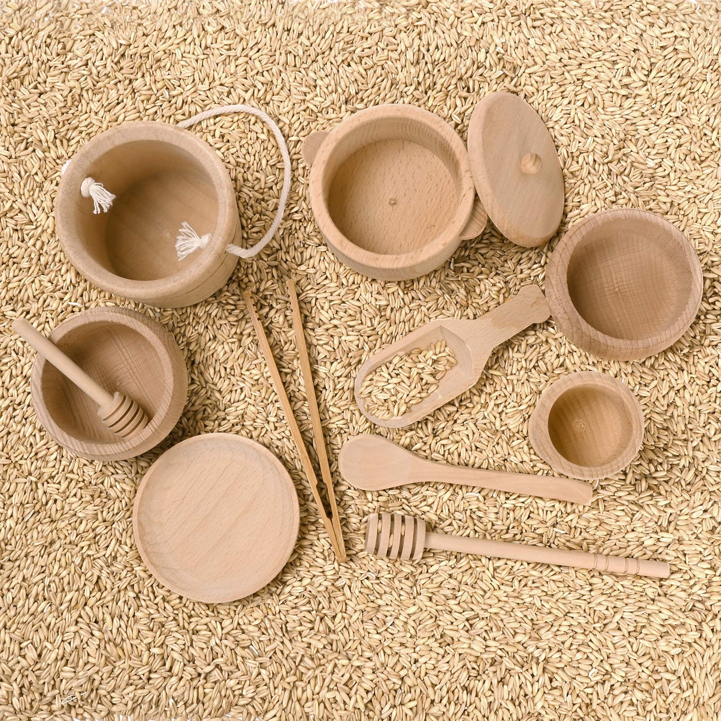 Mont Pleasant Montessori Toys Sensory Bin Toys For 1 Year Old Toddlers, 11Pcs Wooden Waldorf Toys Wooden Scoops And Tongs For Transfer Work And Fine Motor Skills Development