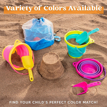 JOYIN Foldable Beach Bucket Set - 3 Packs Collapsible Toy Buckets with Shovels and Mesh Backpack for Kids Toddlers Party, Campin