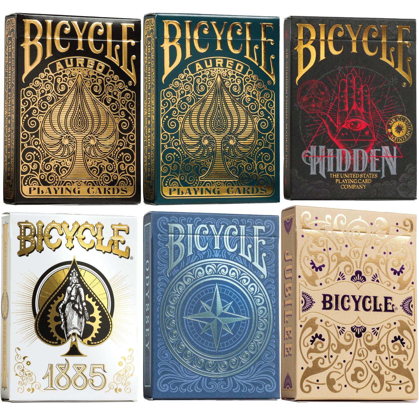 Bicycle Collector'S Edition: 6-Deck Bundle Showcasing Odyssey, 1885, Jubilee, Hidden, Aureo Green, And Aureo Black Playing Cards
