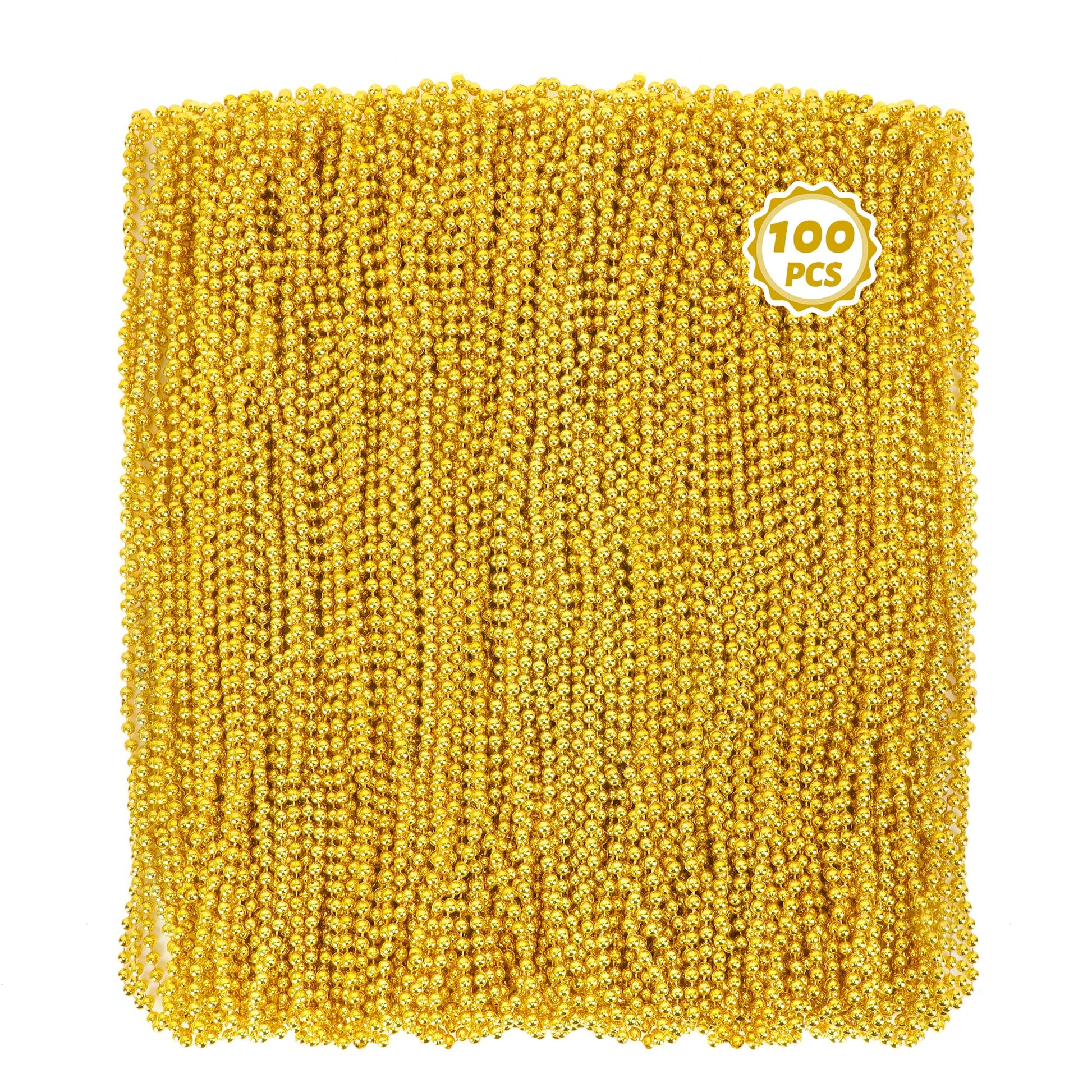 100 Pcs Mardi Gras Beads, 33'' Gold Beads Necklaces, St Patricks Day Beads Necklaces Bulk, Round Beaded Parade Throw Accessories