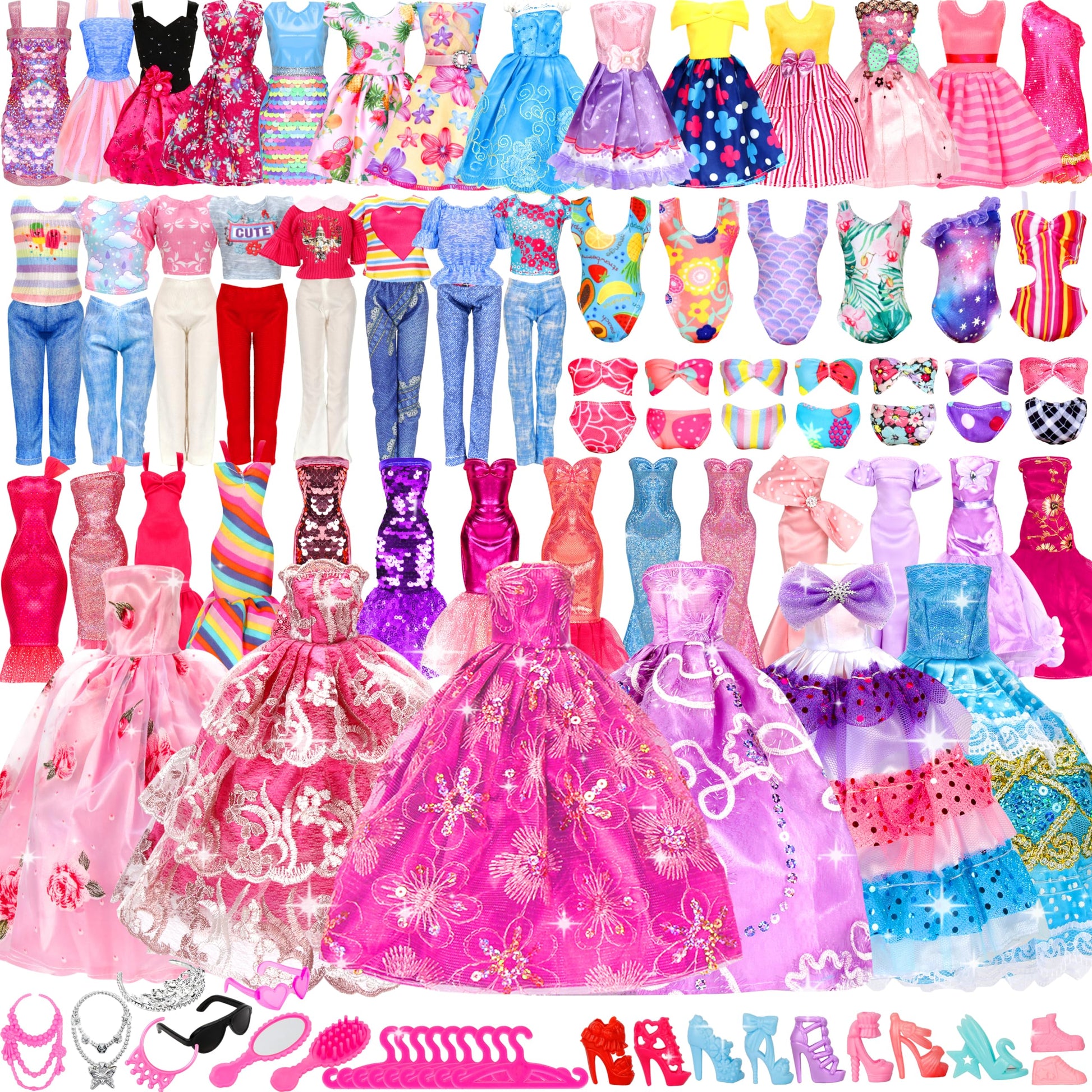71 Pack Doll Clothes And Accessories - 5Princess Dress 9 Fashion Dress Cloth 3 Top And Pants 3 Bikini Swimsuits 20 Shoes 28 Other Doll Accessories Size Suit For 11.5 Inch Dolls