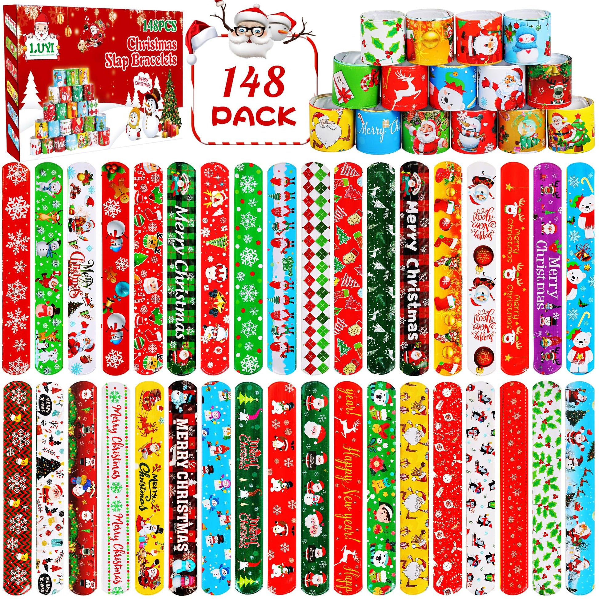 LUYI 148 PCS Christmas Slap Bracelets Christmas Party Favors Supplies for Xmas Slap Snap Bracelets Bulk Christmas Toys for Chris