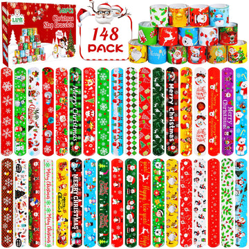 LUYI 148 PCS Christmas Slap Bracelets Christmas Party Favors Supplies for Xmas Slap Snap Bracelets Bulk Christmas Toys for Chris