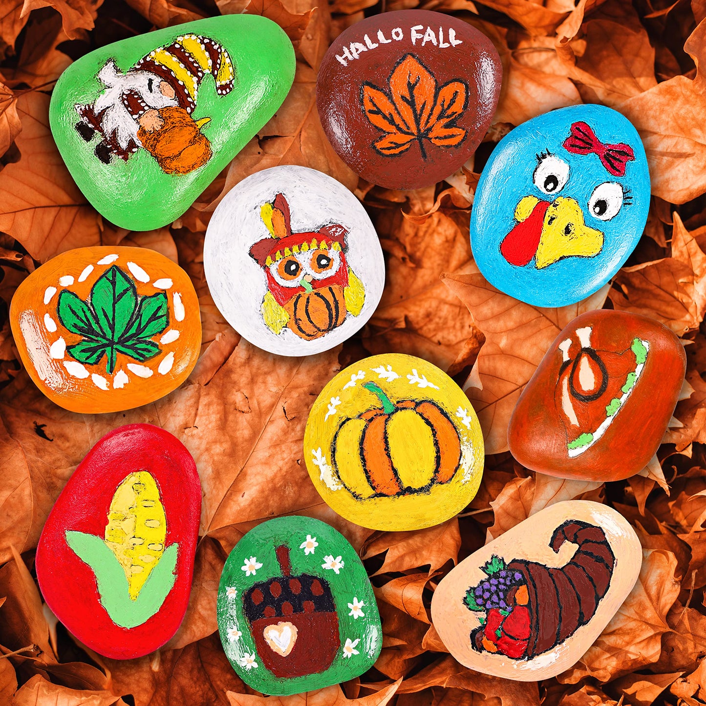 80UncleKimby Fall Thanksgiving Rock Painting Kit: Arts and Crafts for Kids - Include DIY Stones, Water Paint, Tattoos, Gifts Toy
