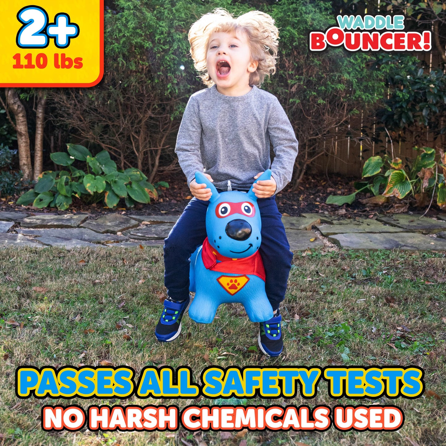 Waddle Bouncy Hopper Inflatable Hopping Animal, Indoors And Outdoors Toy For Toddlers And Kids, Pump Included, Boys And Girls Ages 2 Years And U (Blue Super Hero Dog)