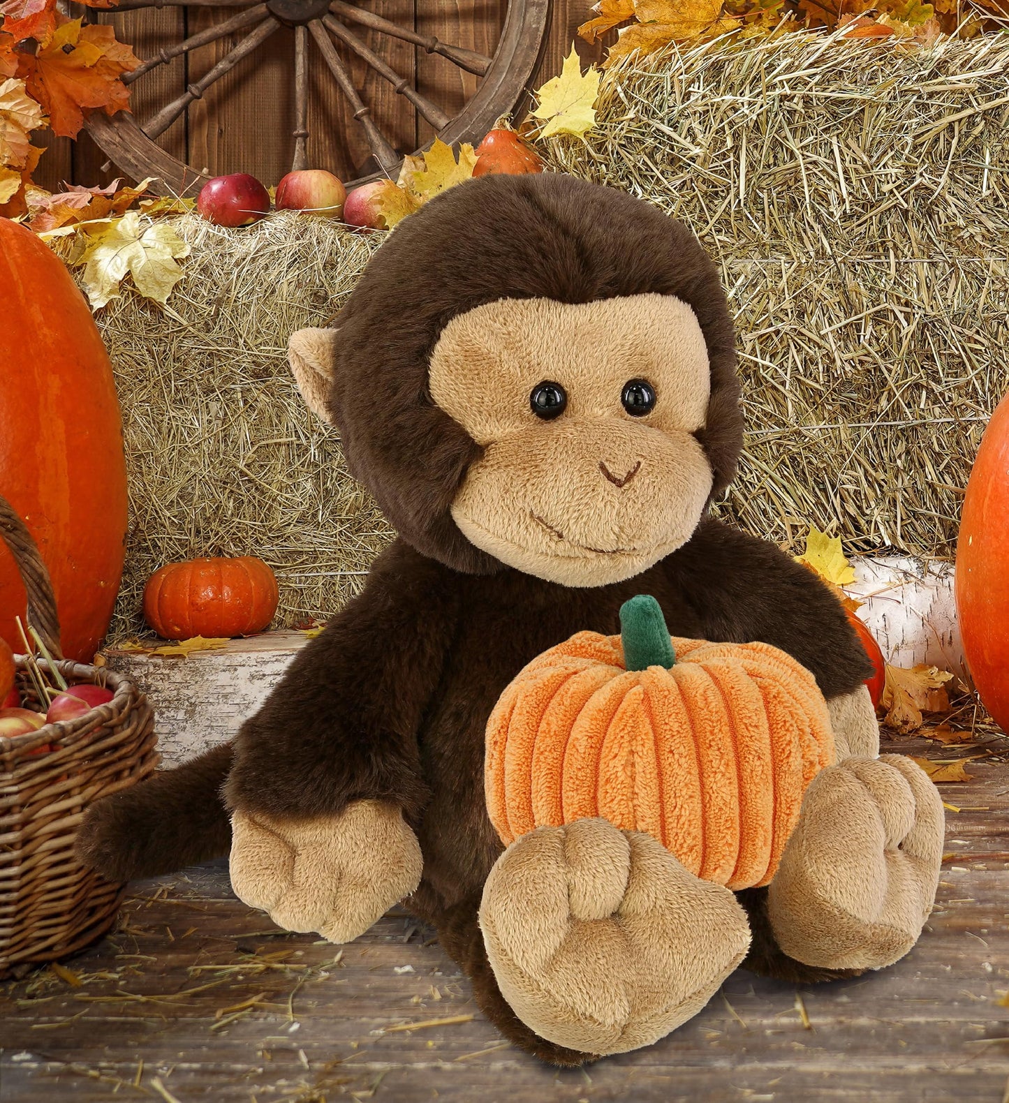 DolliBu Super Soft Brown Monkey Stuffed Animal with Cute Pumpkin Decor Cute Plush Monkey Animal for Fall  Halloween and Thanksgiving  Pumpkin Toy for Baby  Kids  mature-themeds 9 Inches