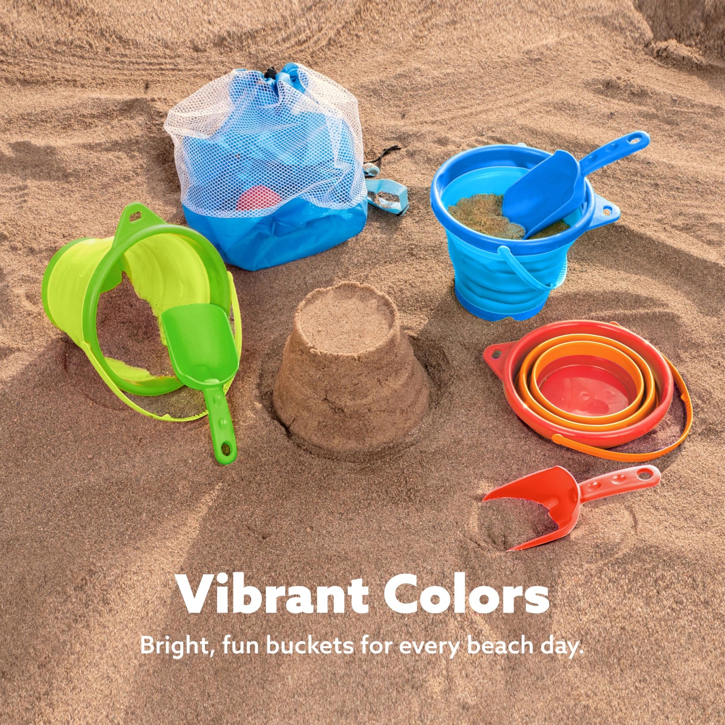 JOYIN 3 Packs Foldable Pail Bucket with Shovels & Mesh Bag, Collapsible Buckets Multi Purpose for Beach, Camping Gear, Beach Par