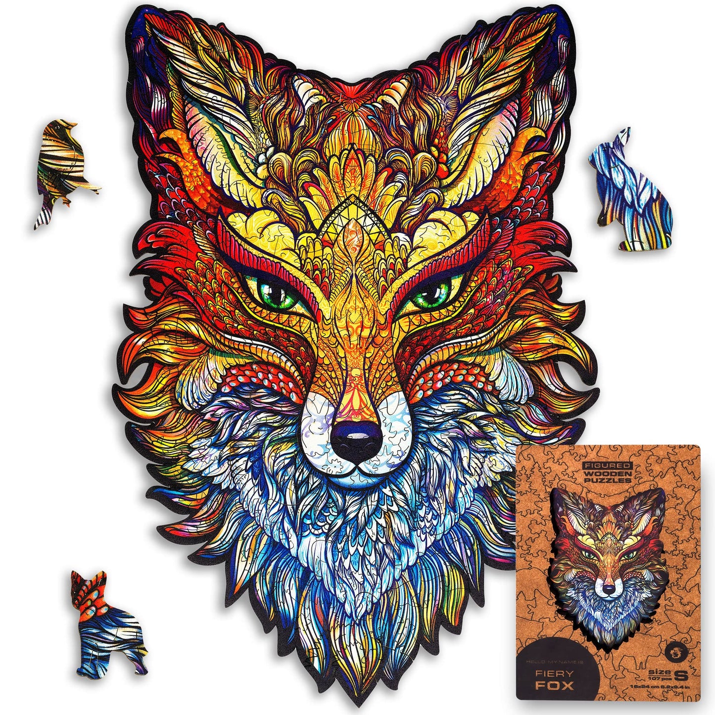 Unidragon Wooden Jigsaw Puzzles - Fiery Fox, 107 Pcs, Small 6.2'X9.4', Beautiful Gift Package, Unique Shape Best Gift For Adults And Kids