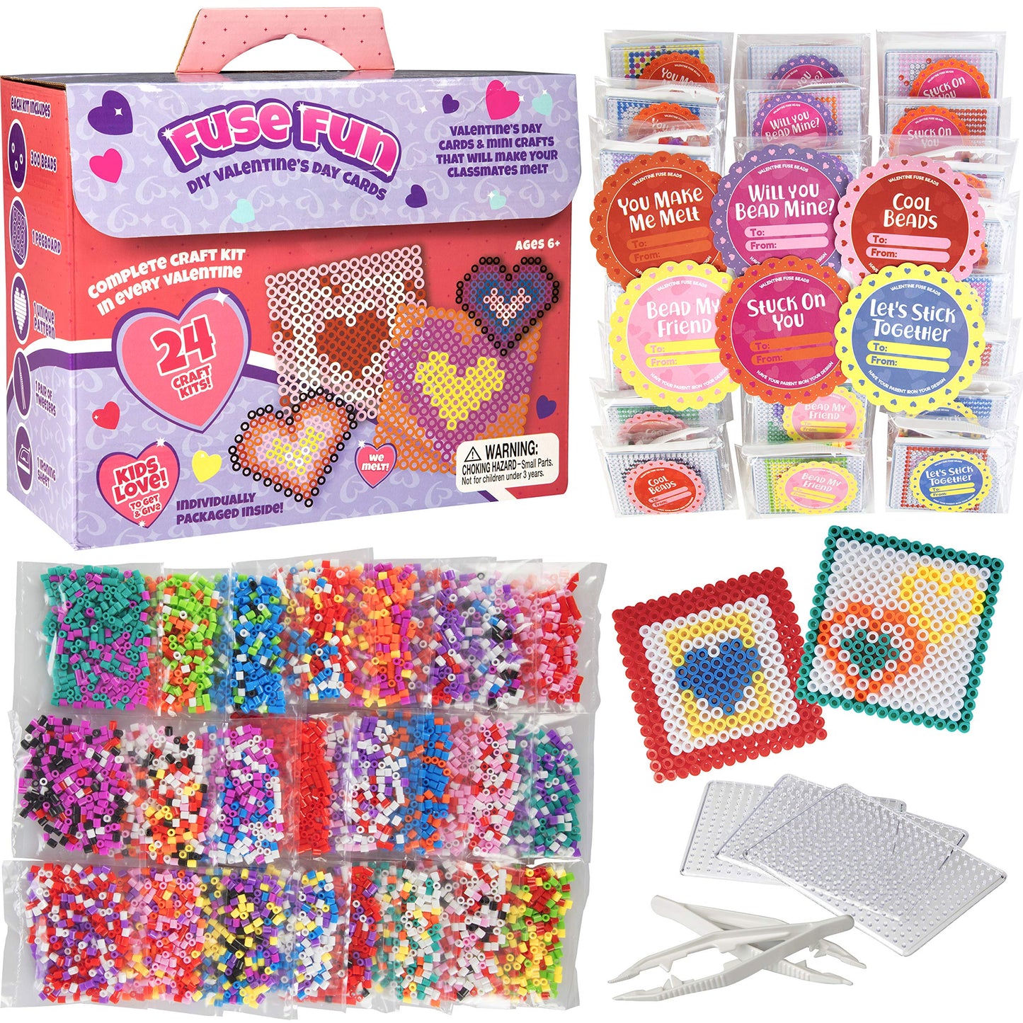 Heart Themed Fuse Bead Kits (24ct)- Perfect Goodie Bag Party Favors for Kids Birthday Party - Each Includes Pixel Art Craft Acti