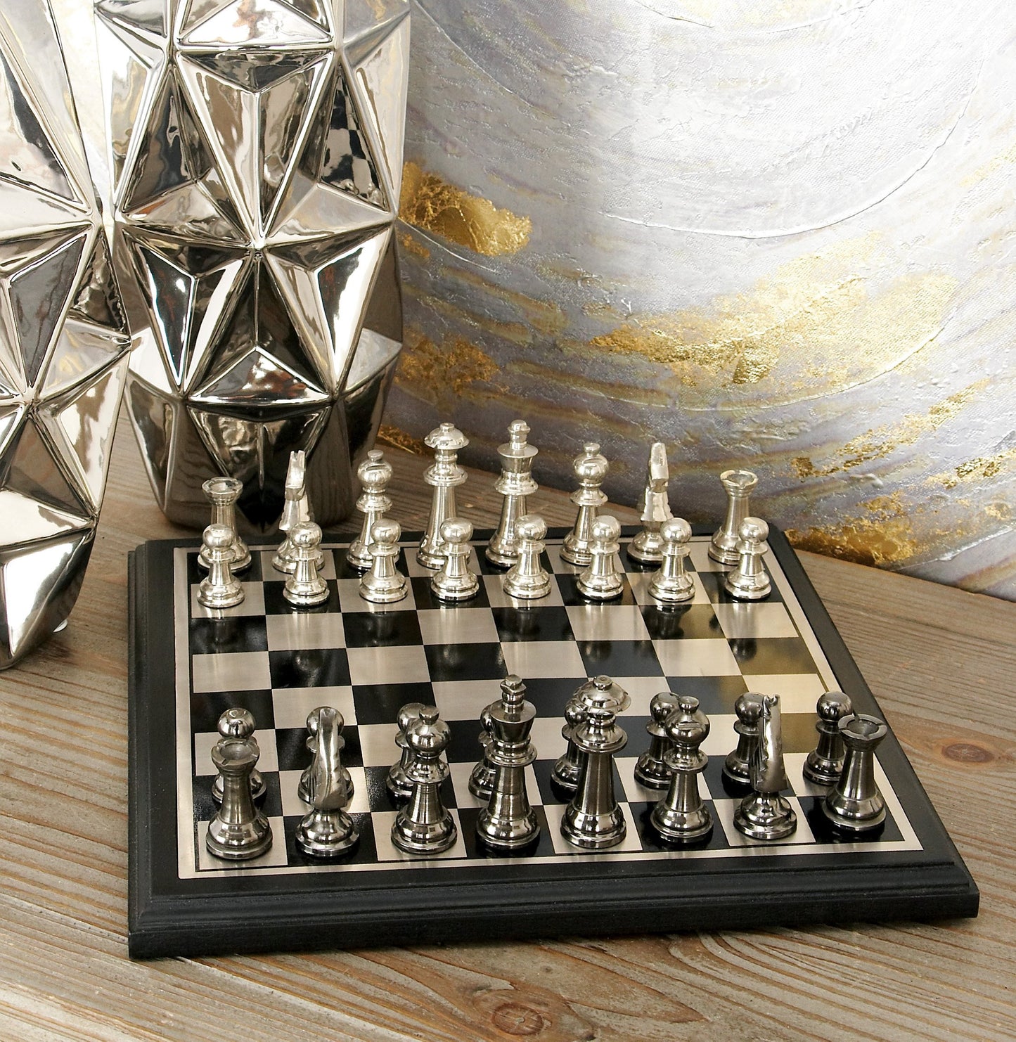 Deco 79 Aluminum Chess Game Set With Black And Silver Pieces, 12' X 12' X 1', Black