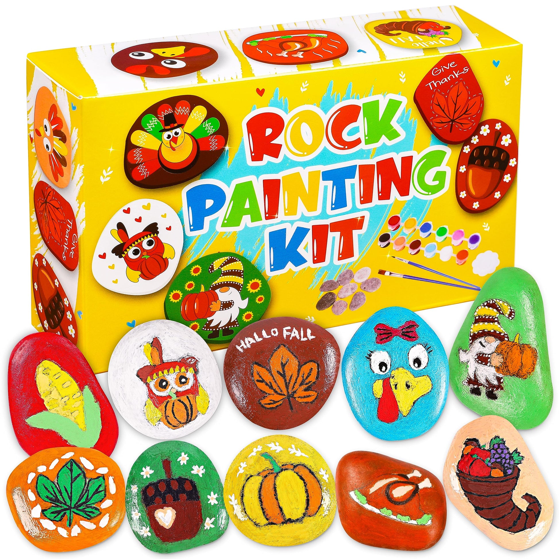80UncleKimby Fall Thanksgiving Rock Painting Kit: Arts and Crafts for Kids - Include DIY Stones, Water Paint, Tattoos, Gifts Toy