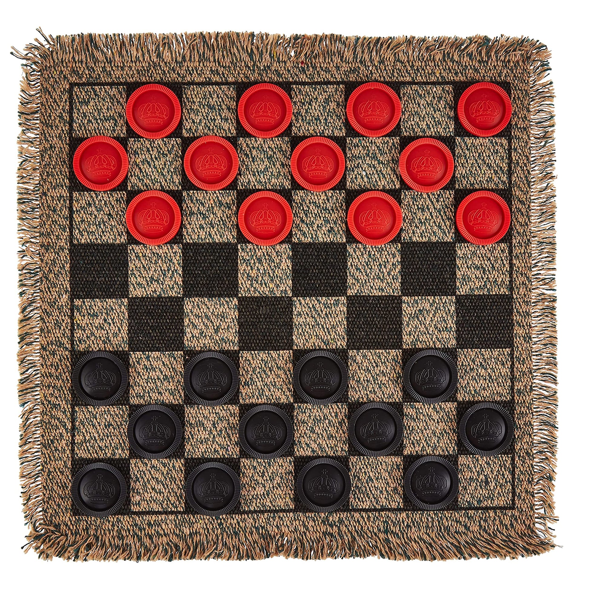 3-In-1 Mini Checkers Rug + Classic & Mega Tic Tac Toe - Portable Compact 12' X 12' Reversible Checkerboard Rug - Travel, Parties, Games On The Go, Family Board Game Night
