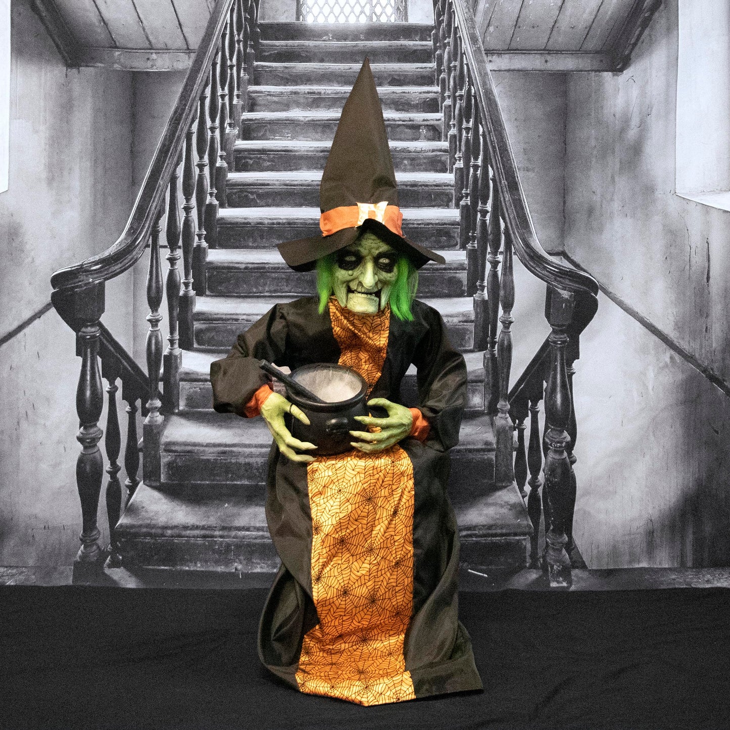Haunted Hill Farm Sitting And Talking Witch Halloween Animatronic With Moving Mouth And Light-Up Mini Cauldron For Scary Halloween Decorations, Spooky Halloween Props, Perfect For Tabletop