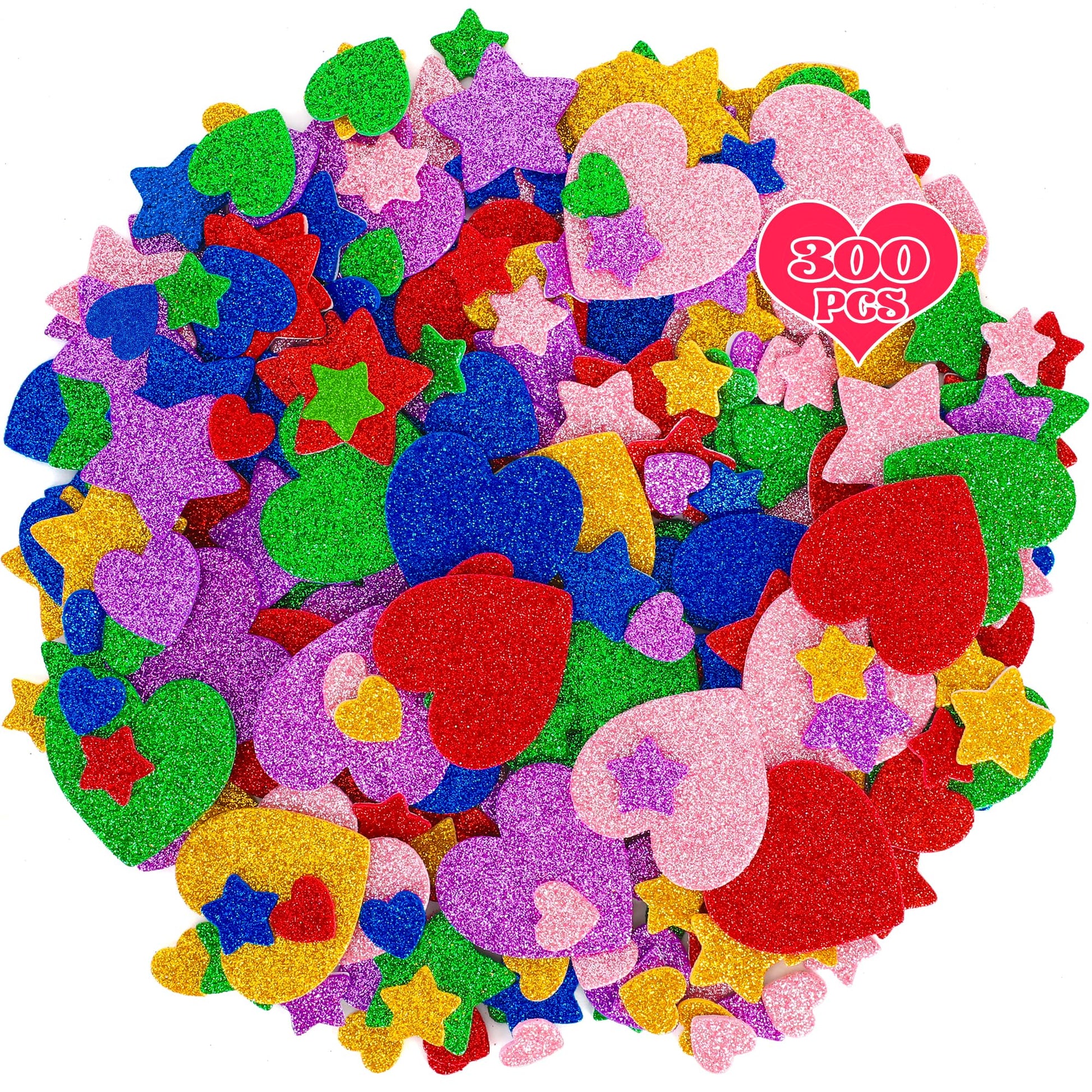 300 PCS Valentines Stickers, Foam Heart Stickers, Glitter Valentine Decor, Self-Adhesive Star Heart Stickers for Kids in Purple 