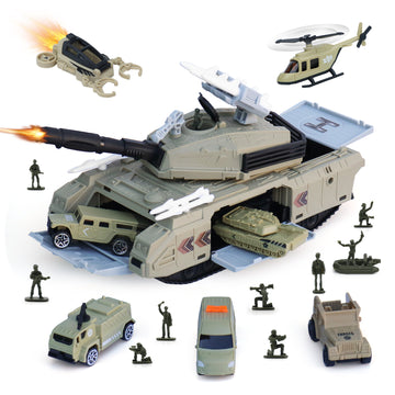 XDUOYJOY Military Tank Toy Sets, Army Toys with 7 Vehicles, Army Men Trucks Helicopter Birthday Gift for Boys Age 4-7, Easy to S