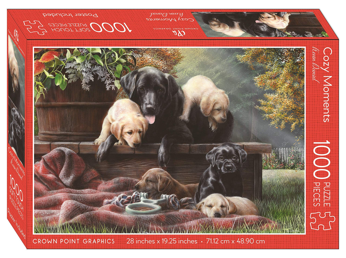 Crown Point Graphics Cozy Moments - 1000 Piece Jigsaw Puzzle - Artist Kevin Daniel - Soft Touch Design - Black Labrador Dog Puzzle With Yellow, Black And Chocolate Lab Puppies