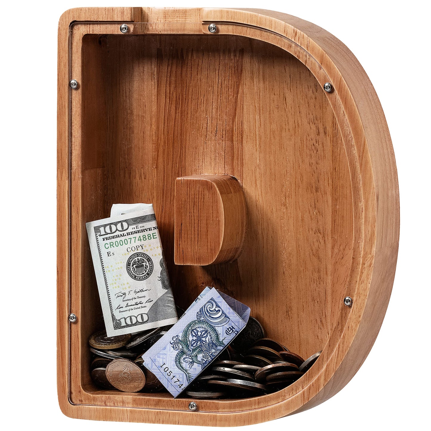 ladenk Large Wooden Kids Letter Piggy Bank - Piggy Bank for Boys Girls - Alphabet Money Bank with Initial D - Coin Bank for Birt