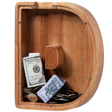 ladenk Large Wooden Kids Letter Piggy Bank - Piggy Bank for Boys Girls - Alphabet Money Bank with Initial D - Coin Bank for Birt