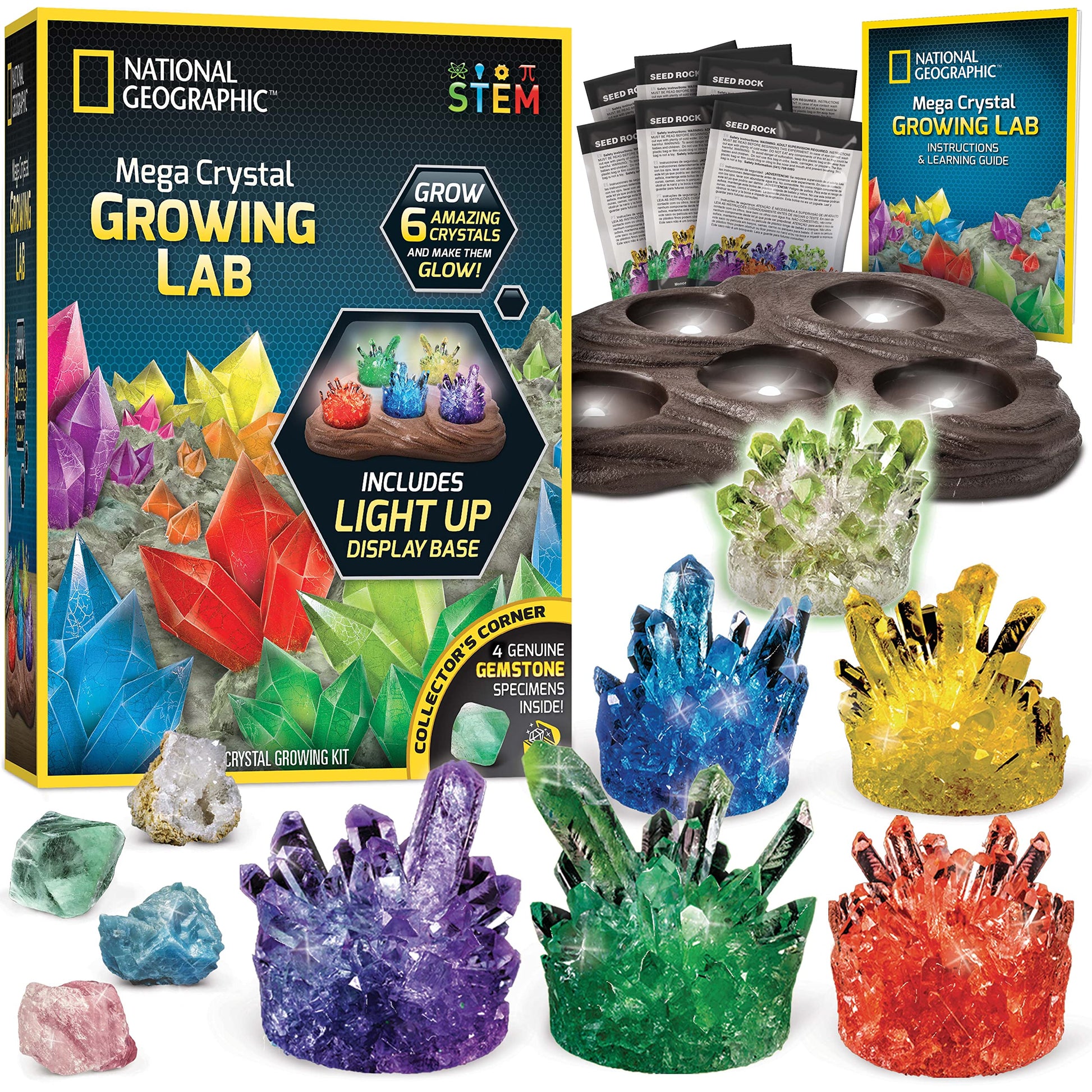 National Geographic Mega Crystal Growing Kit For Kids- Grow 6 Crystals With Light-Up Stand, Science Gifts For Kids 8-12, Crystal Making Experiment, Science Kit For Girls And Boys (Amazon Exclusive)