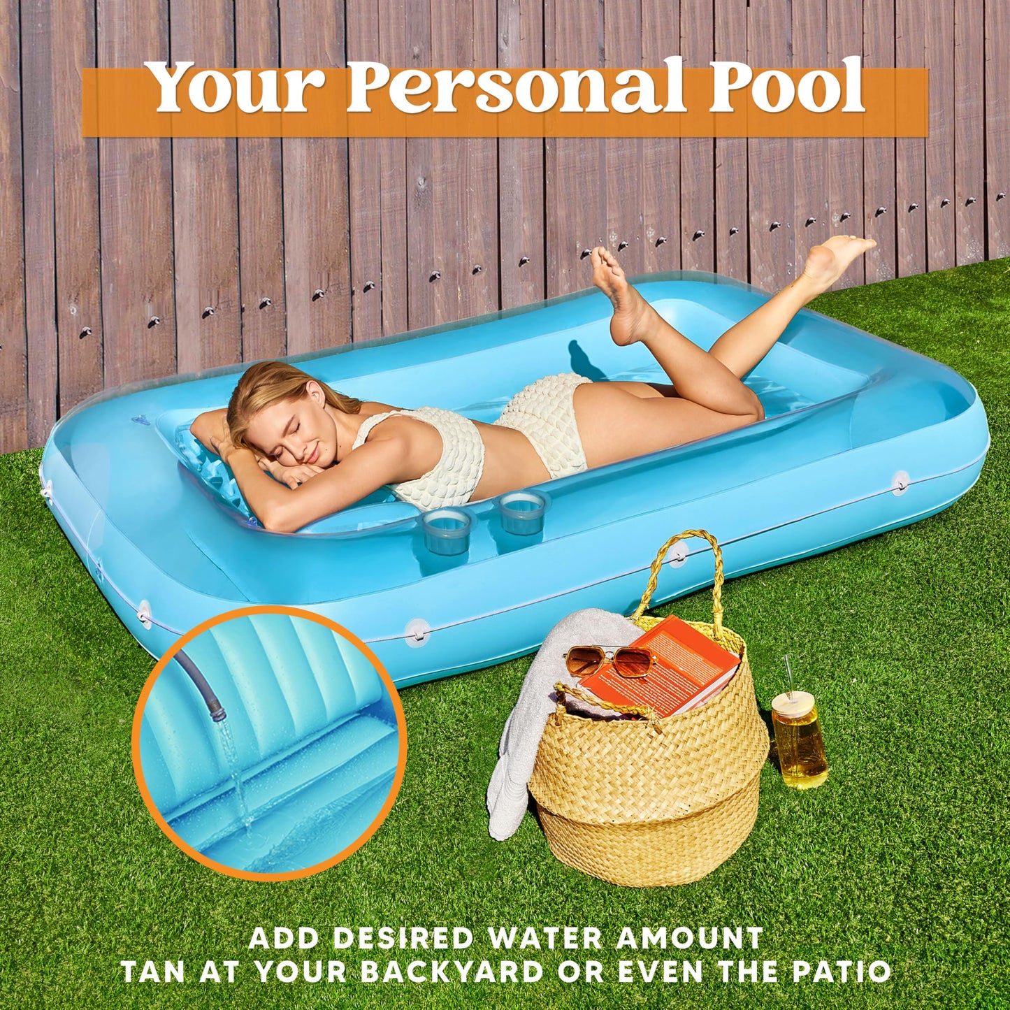 Sloosh Inflatable Tanning Pool Lounge Float  70 x 46 Suntan Tub Raft Floatie  Tanning Pool with Pillow  Personal Pool Lounger for mature-themed Summer Water Party  L-Blue