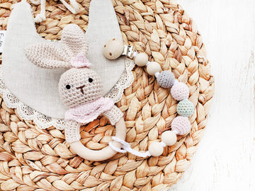 Natural Crochet Teether Toy Rattle For Baby Forest Friends Handmade Amigurumi Crochet Bunny Deer Fox On Natural Wooden Teething