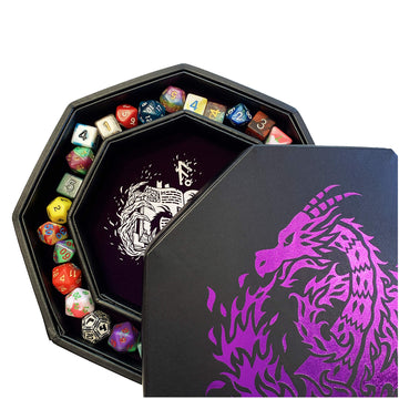 Fantasydice- Purple - Fire Dragon - Dice Tray - 8'' Octagon with Lid and Dice Staging Area- Holds 5 Sets of Dice(7 / Standard) f