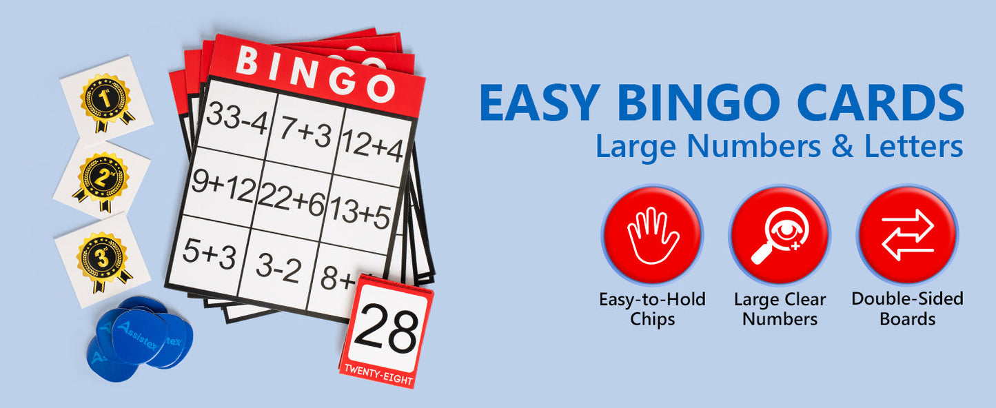 Assistex Large Text Bingo Games for Seniors – 11 Double Sided Board Games for Dementia Patients – Easy to Hold Alzheimer's Games