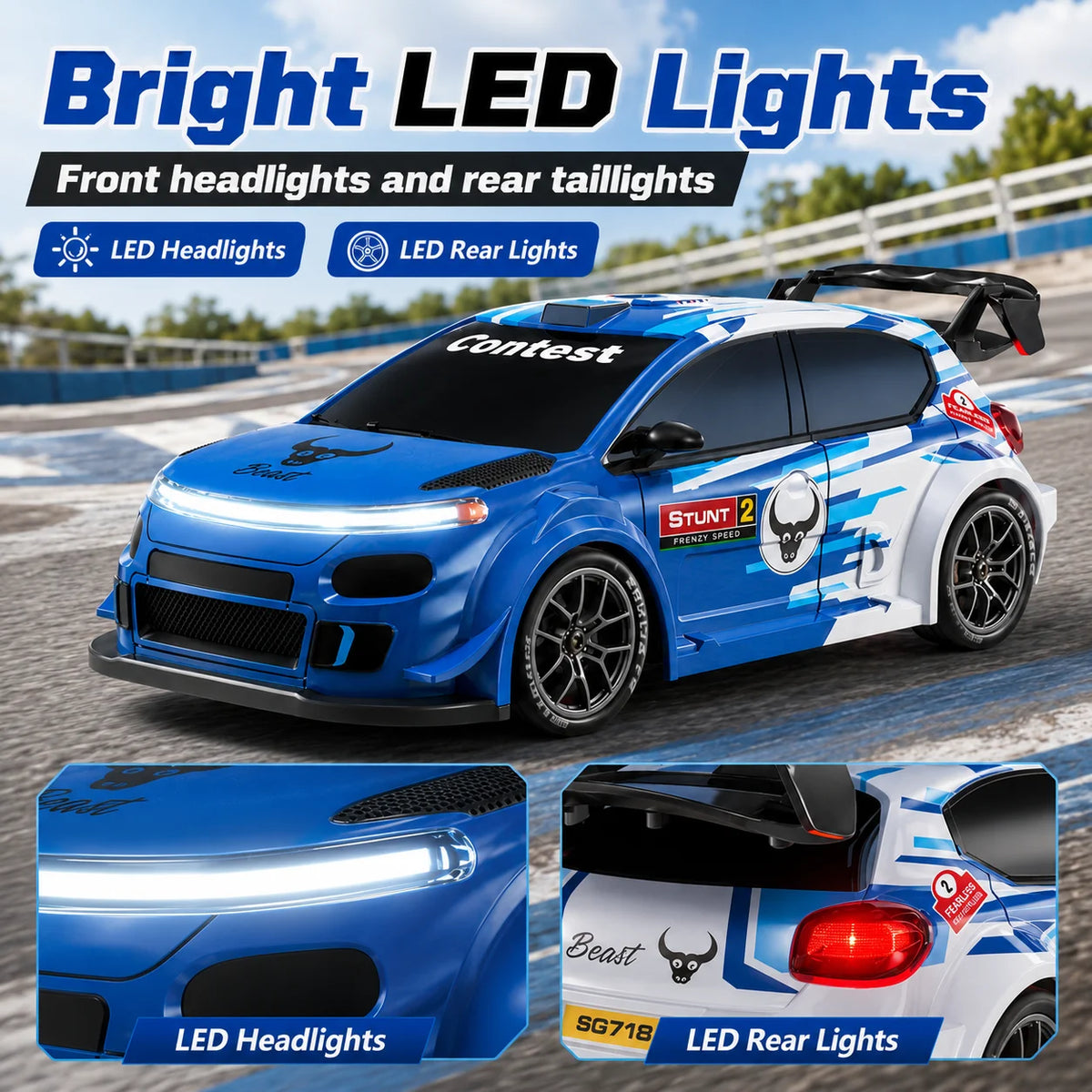 ZNLYRION RC Drift Car SG718 1: 24 Scale 4WD With Replaceable Racing Drift Tires LED Headlights Taillight Sport Rear Wing Remote Control Racing Vehicle Toy