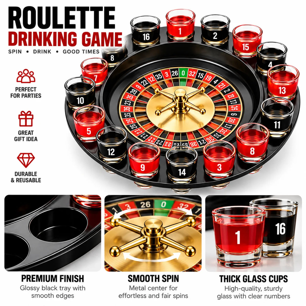 16 Shot Glass Roulette Drinking Game Set, Black Spinning Roulette Wheel Party Game with Numbered Glass Cups, Fun Tabletop Game for Game Night, Bar, Birthday, Holiday Party & Adult Gift