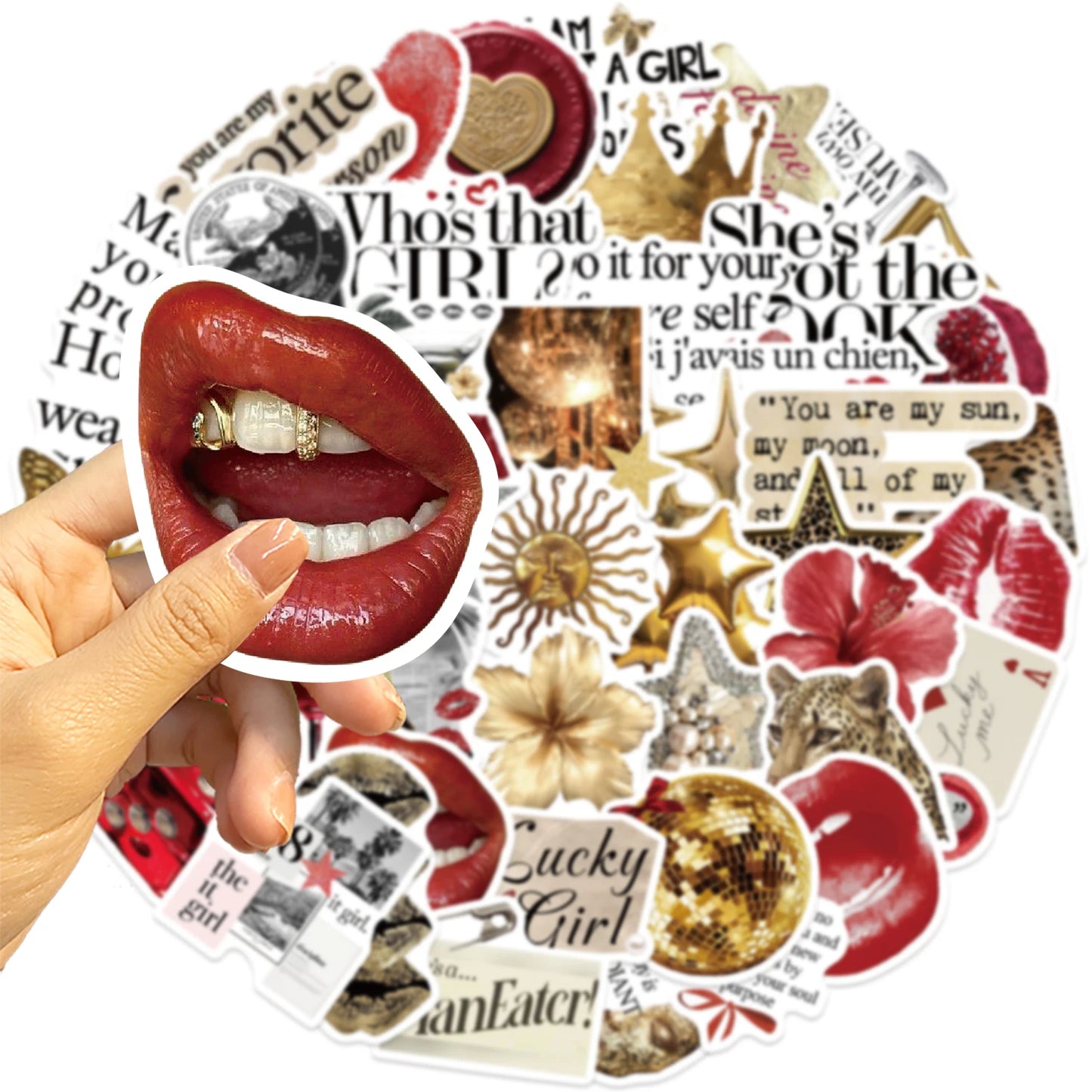 50/100PCS Gold&Red Y2k Stickers Lucky Girls DIY Stickers Scrapbooking Phone Luggage Skateboard Waterproof Coquette PVC Decals