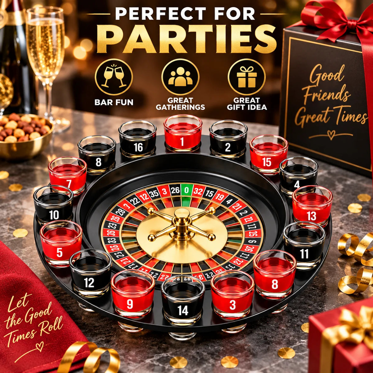 16 Shot Glass Roulette Drinking Game Set, Black Spinning Roulette Wheel Party Game with Numbered Glass Cups, Fun Tabletop Game for Game Night, Bar, Birthday, Holiday Party & Adult Gift