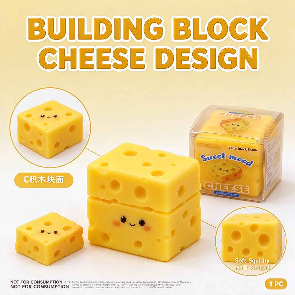 High Quality Simulation Cheese Building Block Squeeze Toy Slow Rising Stress Relief Sensory Fidget Toy for Kids Friends Students Christmas Halloween Party Birthday Gift Goodies