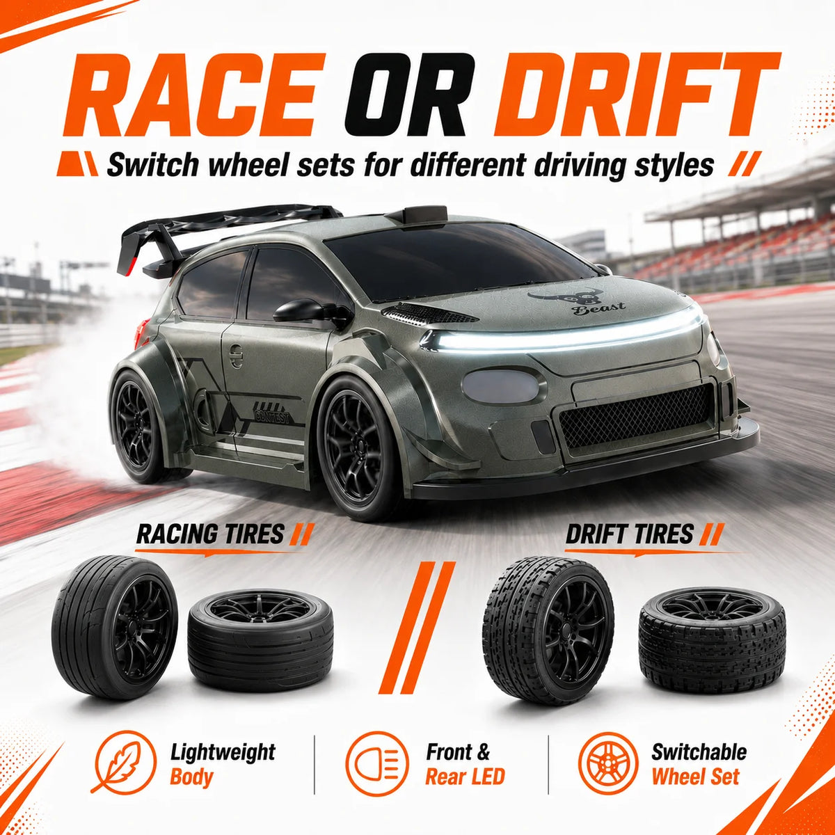 ZNLYRION RC Drift Car SG718 1: 24 Scale 4WD With Replaceable Racing Drift Tires LED Headlights Taillight Sport Rear Wing Remote Control Racing Vehicle Toy
