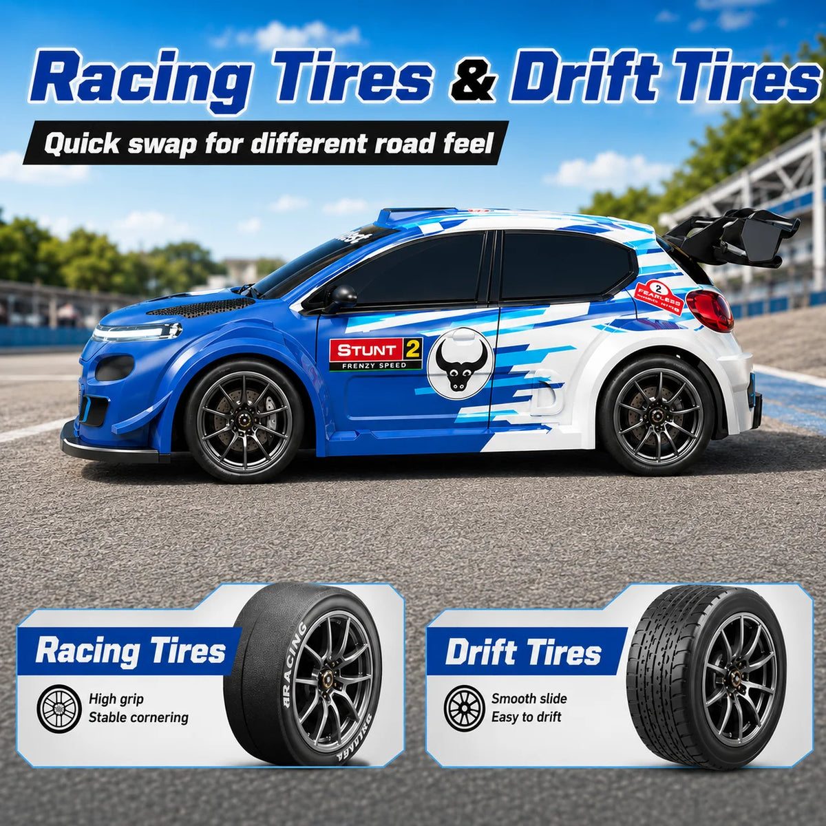 ZNLYRION RC Drift Car SG718 1: 24 Scale 4WD With Replaceable Racing Drift Tires LED Headlights Taillight Sport Rear Wing Remote Control Racing Vehicle Toy
