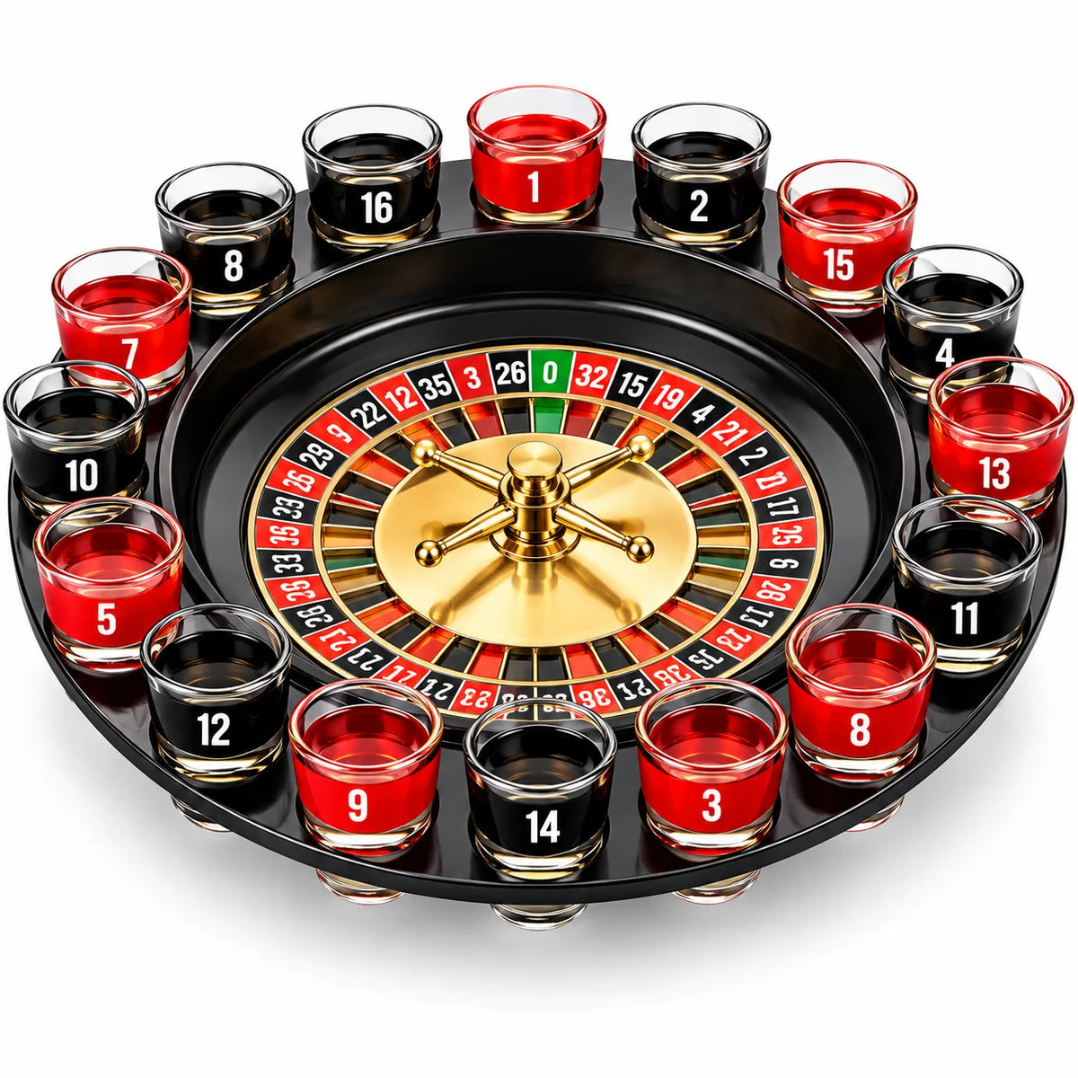 16 Shot Glass Roulette Drinking Game Set, Black Spinning Roulette Wheel Party Game with Numbered Glass Cups, Fun Tabletop Game for Game Night, Bar, Birthday, Holiday Party & Adult Gift