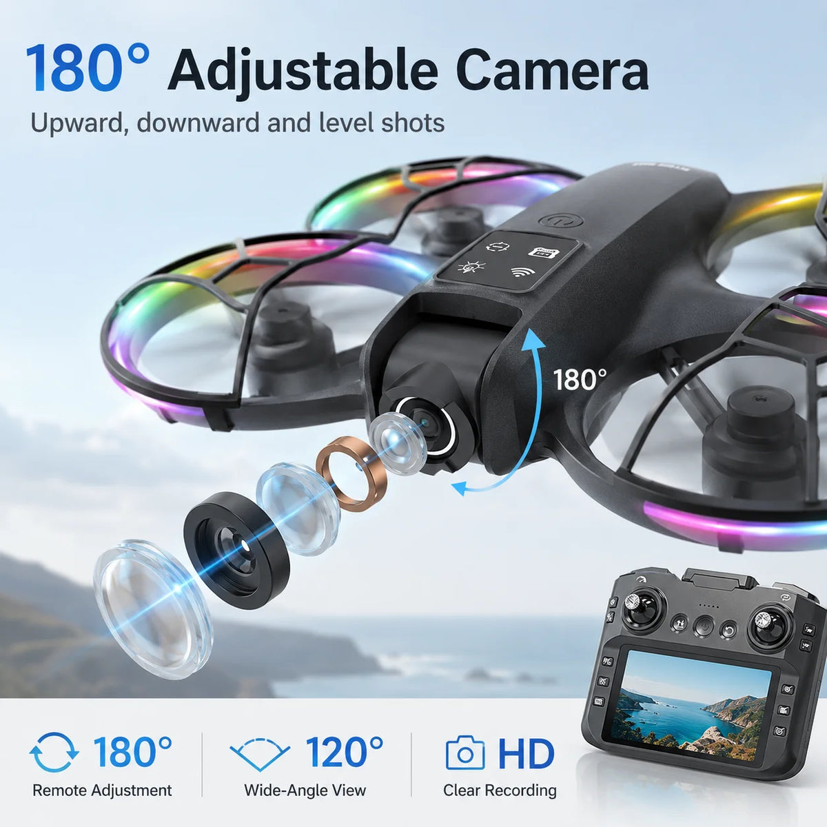 ZNLYRION Mini Drone K200MAX Full Protected  With LCD Screen Remote 180 Electric Adjustable Camera Brushless Motor Optical Flow Hover RGB Colorful Light RC Quadcopter