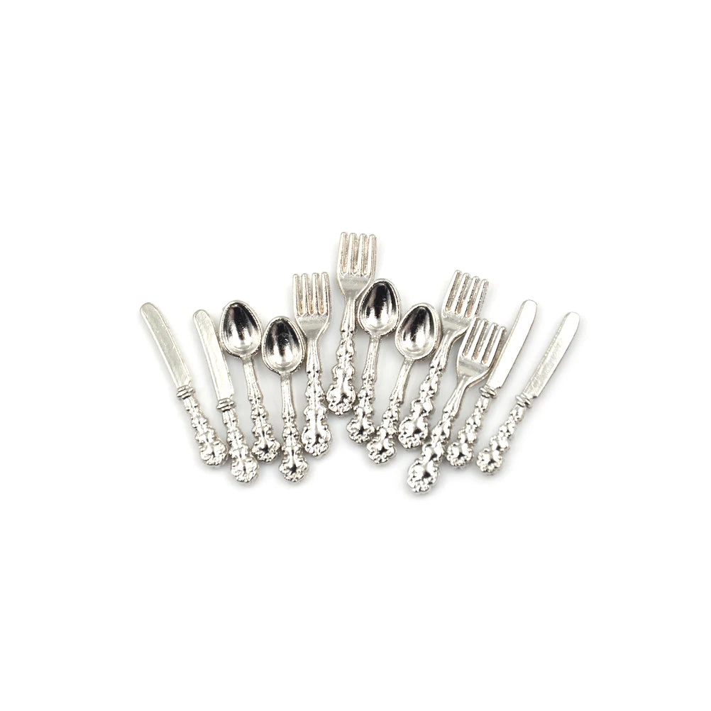 12PCS 1:12 Dollhouse Miniature Fork Knife Soup Tableware Kitchen Furniture Toys Children's toys and family utensils