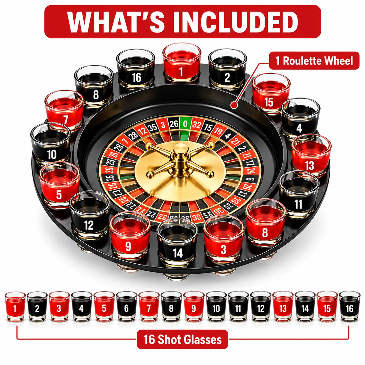 16 Shot Glass Roulette Drinking Game Set, Black Spinning Roulette Wheel Party Game with Numbered Glass Cups, Fun Tabletop Game for Game Night, Bar, Birthday, Holiday Party & Adult Gift