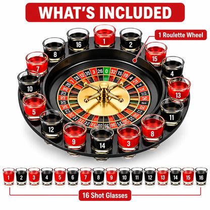 16 Shot Glass Roulette Drinking Game Set, Black Spinning Roulette Wheel Party Game with Numbered Glass Cups, Fun Tabletop Game for Game Night, Bar, Birthday, Holiday Party & Adult Gift