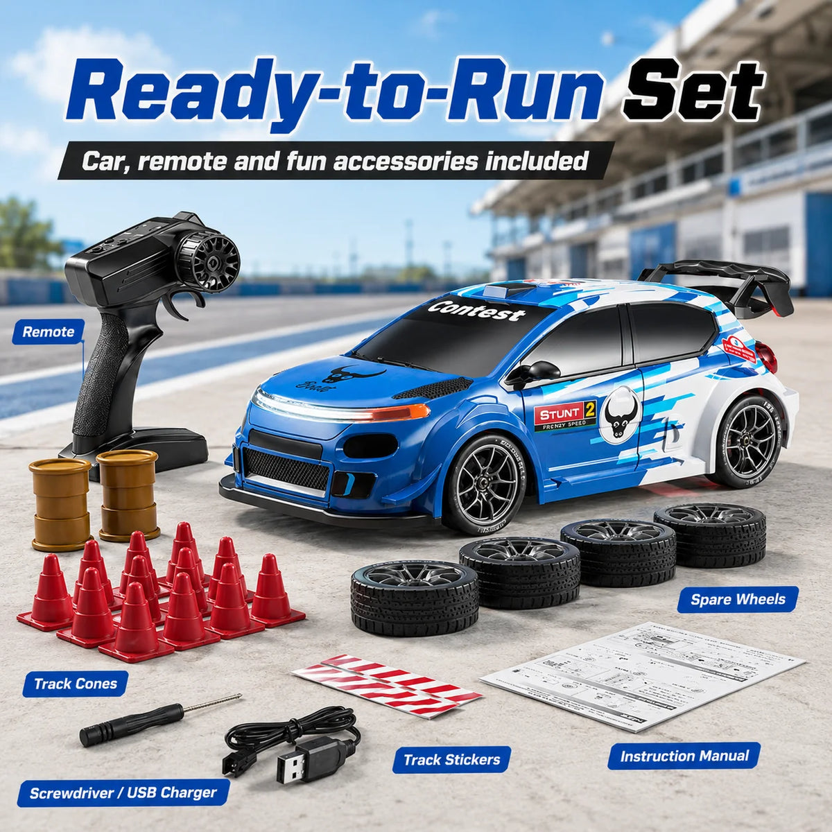 ZNLYRION RC Drift Car SG718 1: 24 Scale 4WD With Replaceable Racing Drift Tires LED Headlights Taillight Sport Rear Wing Remote Control Racing Vehicle Toy