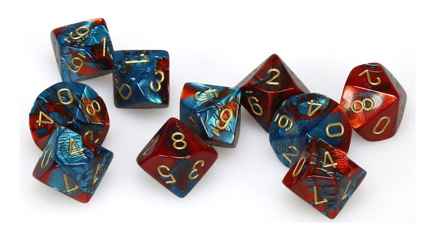 Chessex Manufacturing Chx26262 Red & Teal Gemini No7 Gold Numbers D10 Dice - Set Of 10