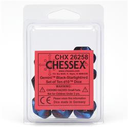 Chessex Manufacturing Chx26258 Black Starlight Clamshell Gemini No7 D10 Dice  Red Numbers - Pack Of 10