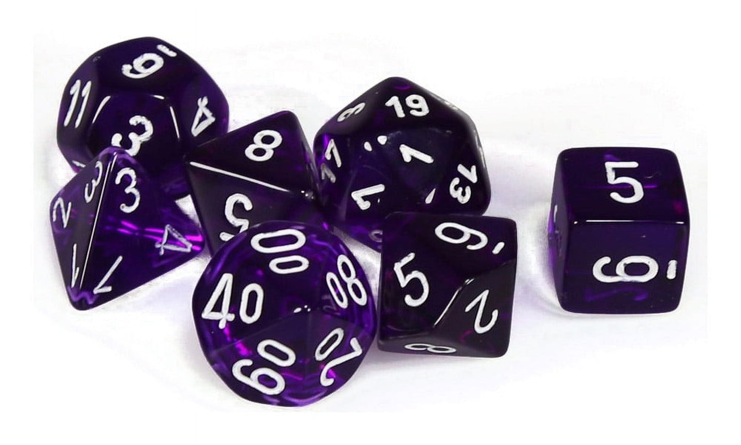 chessex Manufacturing cHX23077 Purple Translucent Dice with White Numbers - Set of 7