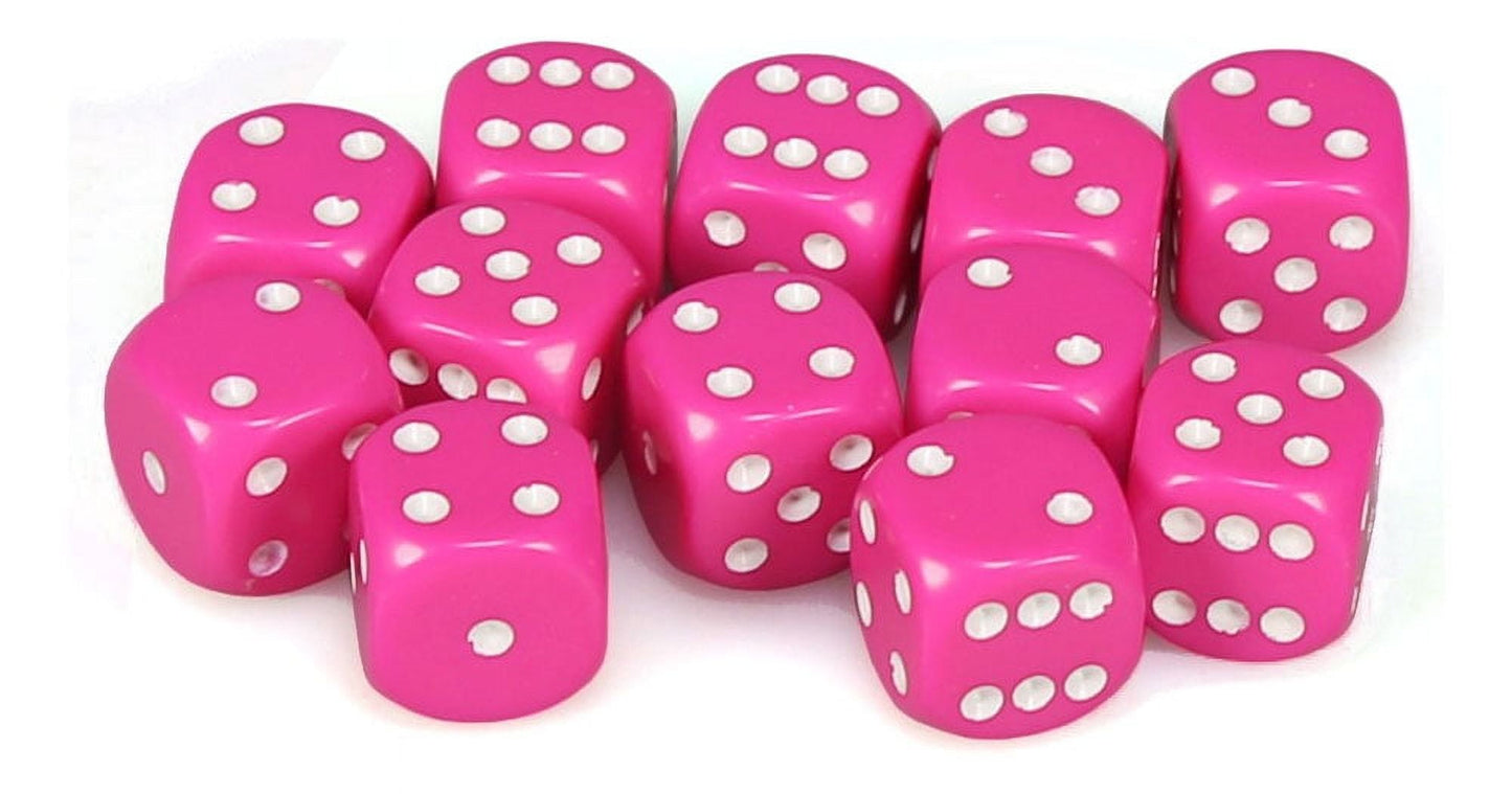chessex Manufacturing cHX25644 16 mm Pink Opaque D6 Dice with White Pips - Pack of 12
