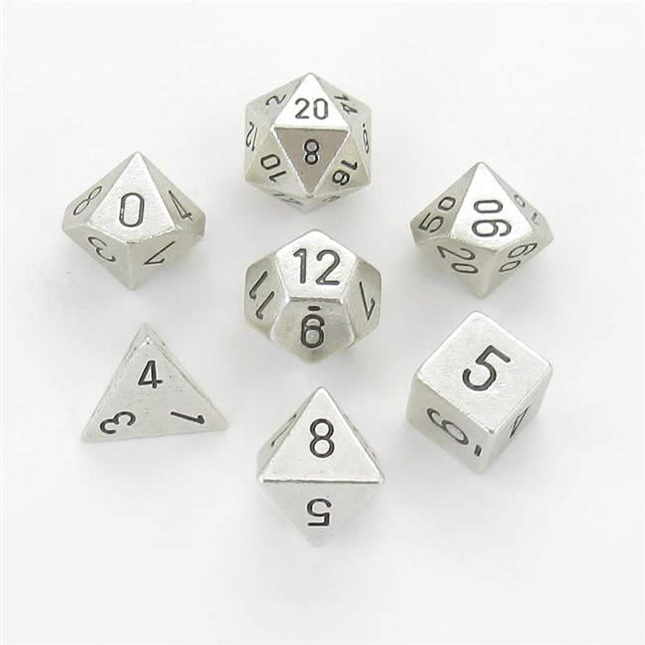 Metal Dice with Black Numbers - Silver  Set of 7
